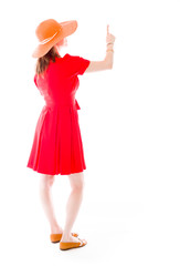 model isolated on plain background back pointing