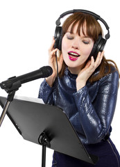 woman singing or reading a script for voice over