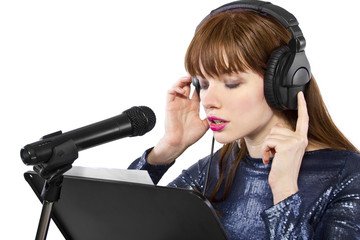 woman singing or reading a script for voice over