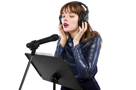 Woman Singing Or Reading A Script For Voice Over