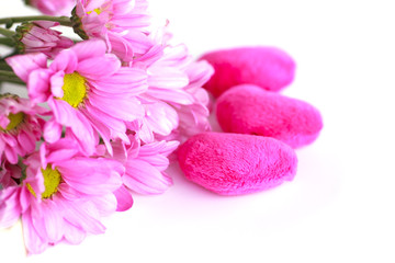 Fototapeta na wymiar valentine heart fabric with pink chrysanthemum- Stock Image