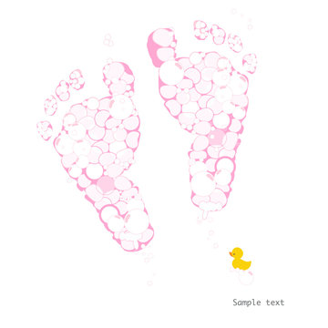Baby girl foot prints with soap bubbles and duck vector