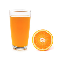 Fresh orange and glass with juice