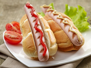 two hot dogs with ketchup and mustard