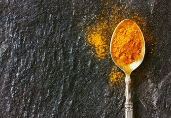 ground turmeric in silver vintage spoon