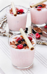 fresh milkshake, yogurt, dessert, smoothie with strawberry
