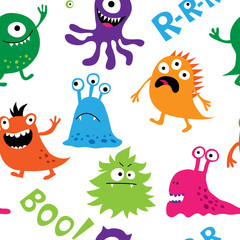 Seamless background with colorful cute monsters
