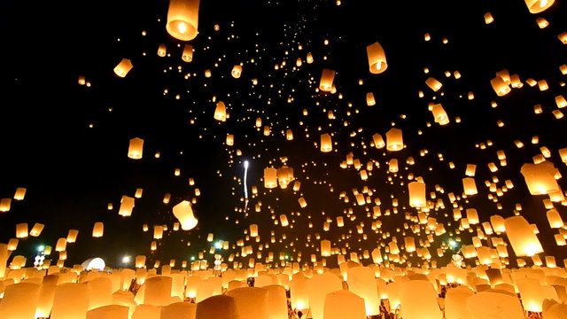 Sky Lanterns Floating In Loi Krathong Festival Of Thailand