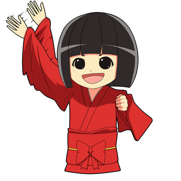 和風着物の女の子/ 手を振る