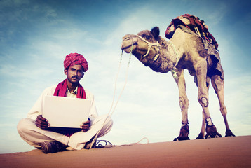 Indian Man Using Laptop Desert Concepts