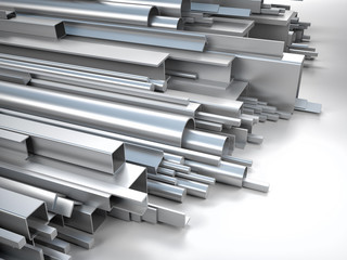  3d image of various metal profiles with different sections. heavy industry and manufacturing...