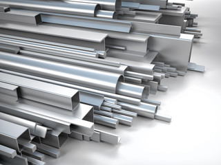  3d image of various metal profiles with different sections. heavy industry and manufacturing concept. nobody around.