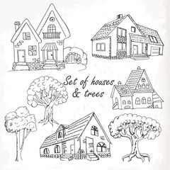 Set of houses and trees. Vector illustration