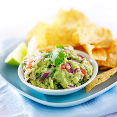 mexican guacamole with tortilla chips on plate
