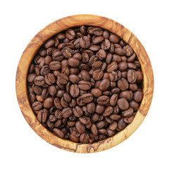 roasted coffee beans in olive wood bowl