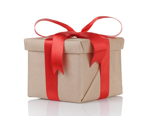 one gift christmas box wrapped with kraft paper and red bow