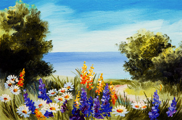 Fototapeta premium oil painting flowers near the sea, camomile field