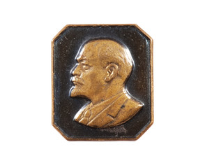 Lenin badge. Studio shot. White background