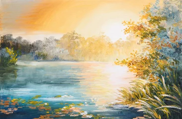 Gordijnen schilderij - zonsondergang op het meer © Fresh Stock