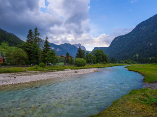 River in the mountains at sunset, Dolomites