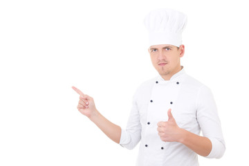 young handsome man chef thumbs up and showing or presenting some