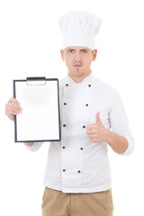 young man in chef uniform thumbs up and showing clipboard with c