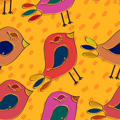 Bright orange seamless background with birds in the primitive st