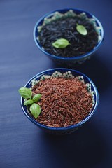 Ceramic tableware with red and black rice, close-up, studio shot