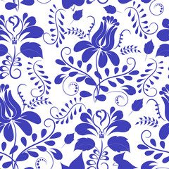 Blue seamless pattern. Flowers Gzhel. Vector illustration.