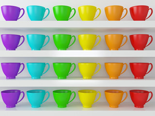 Rainbow cups on the shelfs.