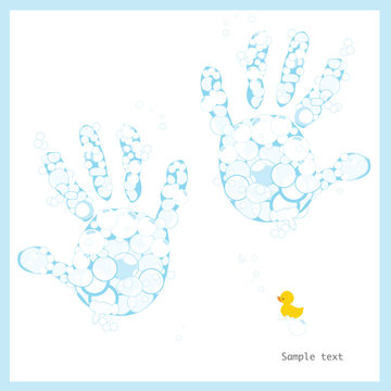 Baby boy hand prints with soap bubbles and duck vector