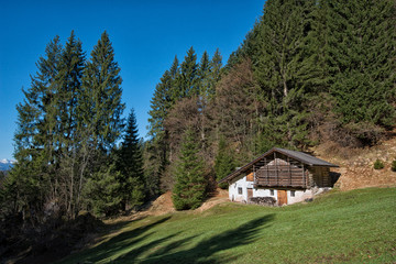 Fototapeta na wymiar Mountain hut in the meadows, Dolomites