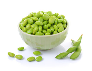 Edamame soy beans in  bowls on white background