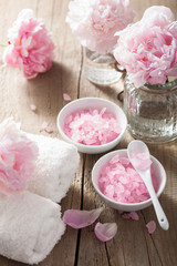 spa aromatherapy with peony flowers and pink herbal salt