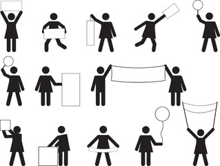 Woman pictogram holding blank banners