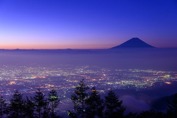 Lights of the Kofu city and Mt.Fuji before dawn