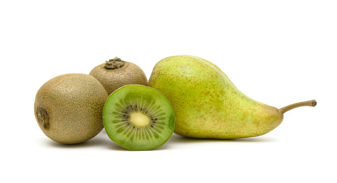 ripe fruits: kiwi and pear isolated on white background