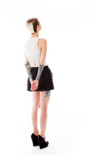 model isolated on plain background back looking behind