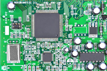 Printed computer motherboard with microcircuit, close up