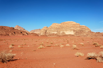 Arid landscape in Wadi Rum desert, Jordan.