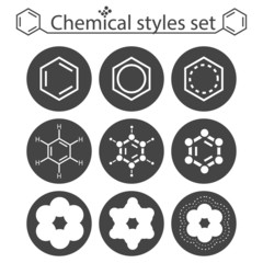 Chemical style icon set on round gray plates