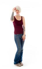 model isolated on plain background confused headache