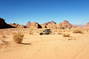 Fototapeta na wymiar Extreme safari vehicle in Wadi Rum desert, Jordan