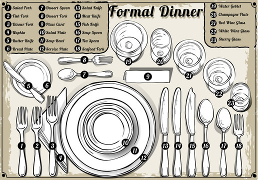 Vintage Hand Drawn Place Setting Formal Dinner Vector