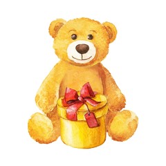 teddy bear sits with a yellow gift. Watercolor.