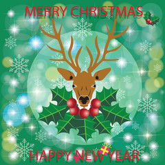 deer head on berry leaf and snowflakes