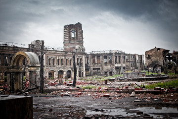 War devastation fear , scenery, wet, dirty, home town