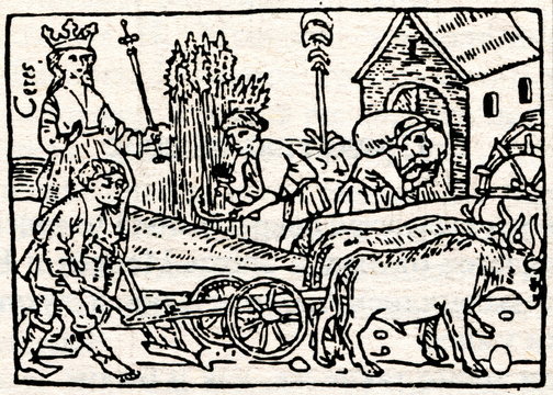 Medieval draving "Plowing and harvesting"