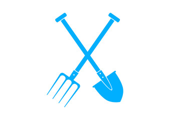 Blue spade and pitchfork on white background