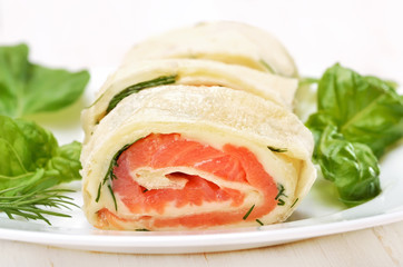 Salmon lavash rolls with cheese and herbs